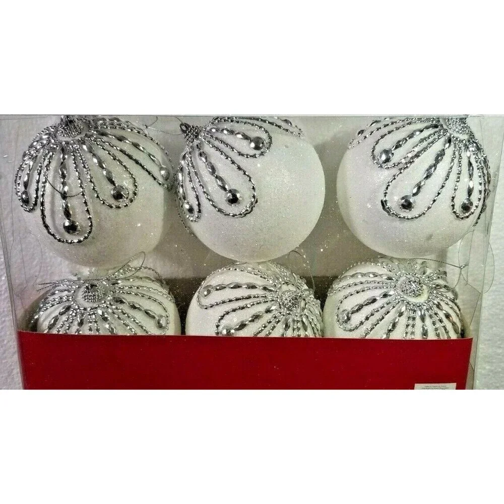 Christmas Holiday Ornaments White & Silver Iridescent  Trim A Home 6 Count New
